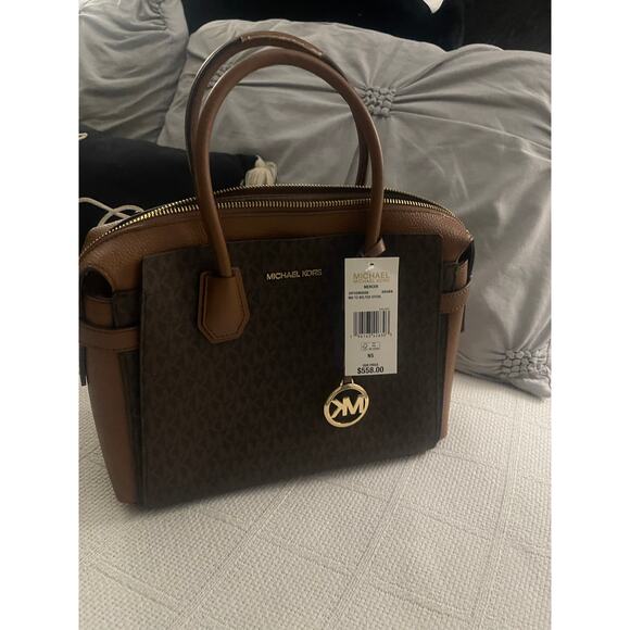 Michael Kors Mercer Medium Signature Logo and Leather Belted Satchel Bag - Picture 6 of 8